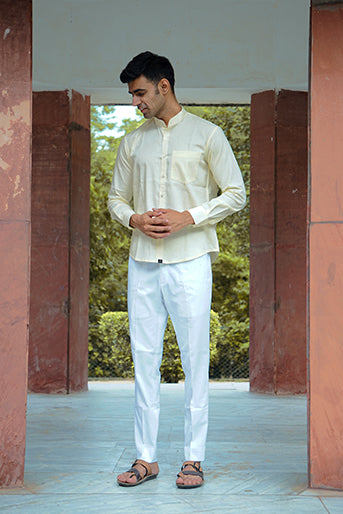 Premium Cream Cotton Linen Regular Fit Solid Shirt