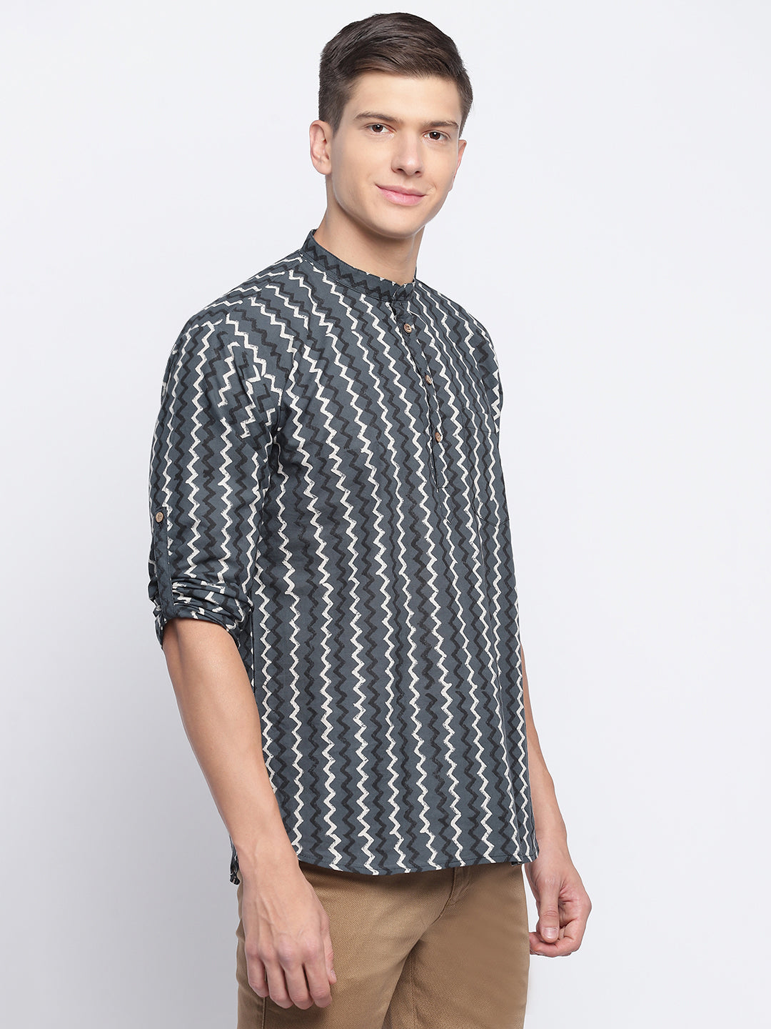 Grey Zig-zag Handblock Printed Short Kurta