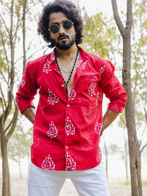 Red Leaves Hand Block Printed Slim Fit Shirt