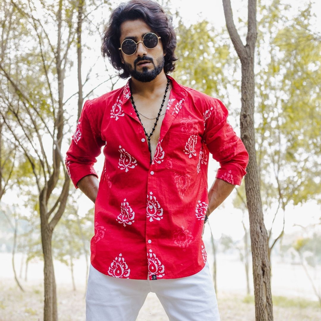 Red Leaves Hand Block Printed Slim Fit Shirt