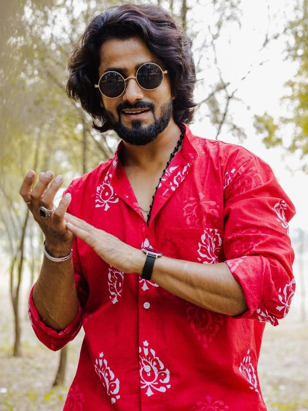 Red Leaves Hand Block Printed Slim Fit Shirt