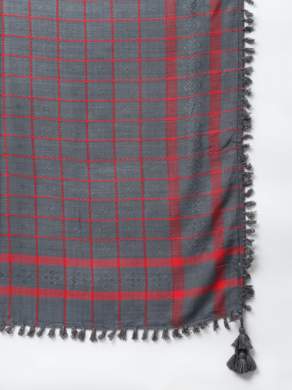 Grey with Red Viscose Embroidered Unisex Scarf