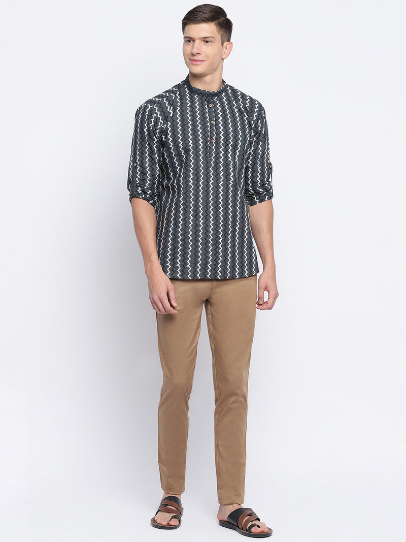 Grey Zig-zag Handblock Printed Short Kurta