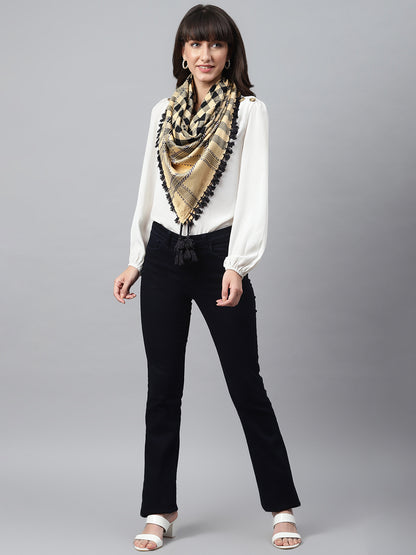 Cream with Black Viscose Embroidered Unisex Scarf