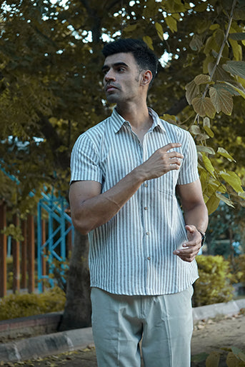Grey and White Striped Cotton Linen Slim Fit Shirt