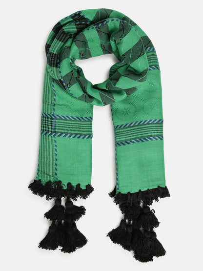 Green with Black Viscose Embroidered Unisex  Scarf
