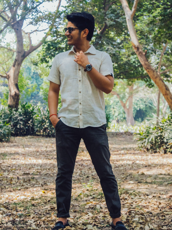 Cream Textured Cotton Linen Slim Fit Shirt