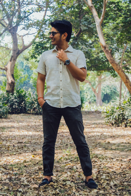 Cream Textured Cotton Linen Slim Fit Shirt