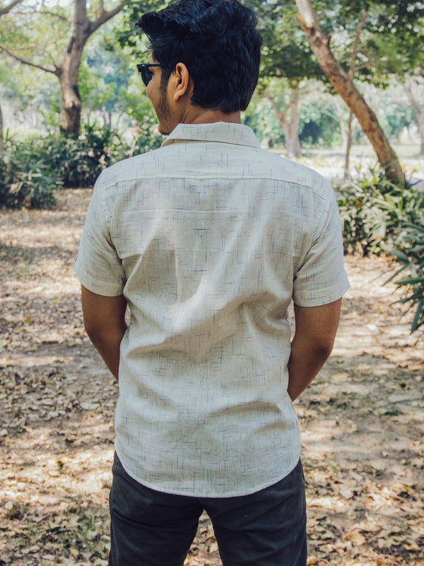 Cream Textured Cotton Linen Slim Fit Shirt