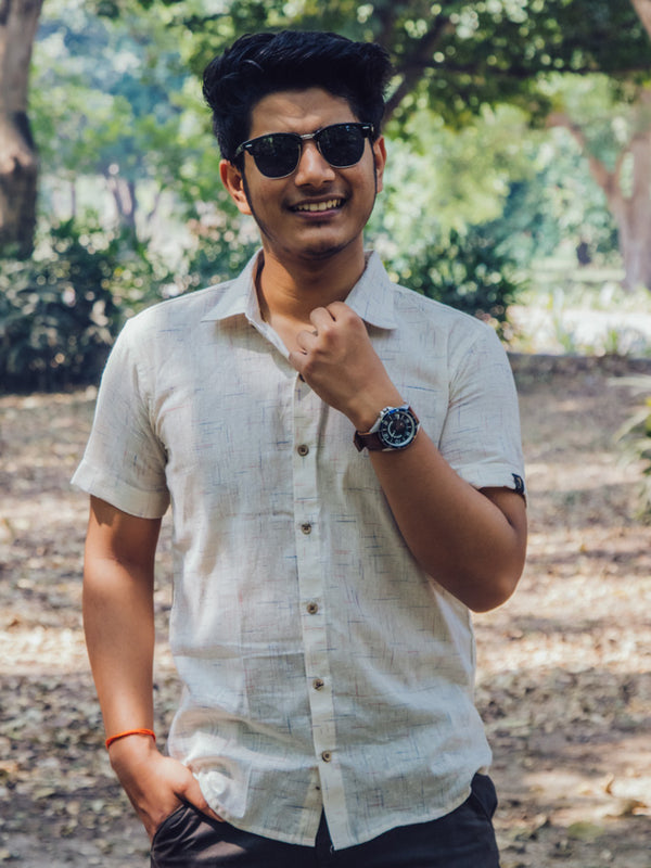 Cream Textured Cotton Linen Slim Fit Shirt