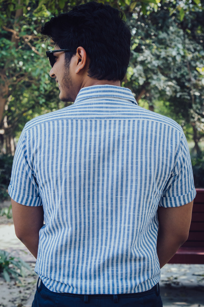 Blue and White Striped Cotton Linen Slim Fit Shirt