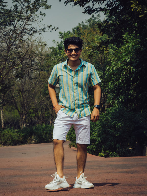 Blue and Yellow Striped Cotton Linen Slim Fit Shirt