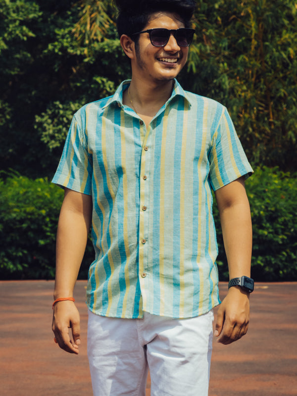 Blue and Yellow Striped Cotton Linen Slim Fit Shirt