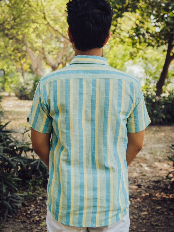 Blue and Yellow Striped Cotton Linen Slim Fit Shirt