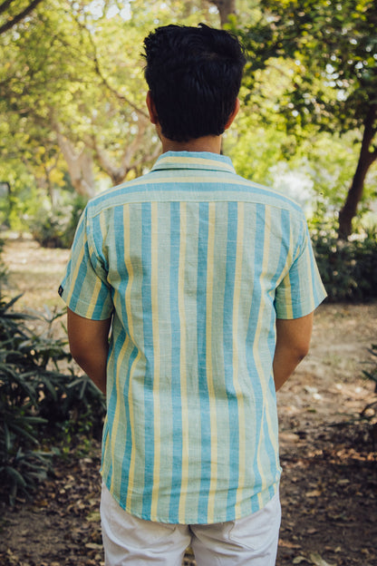 Blue and Yellow Striped Cotton Linen Slim Fit Shirt