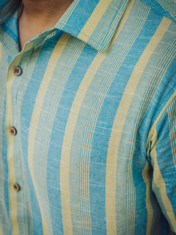 Blue and Yellow Striped Cotton Linen Slim Fit Shirt