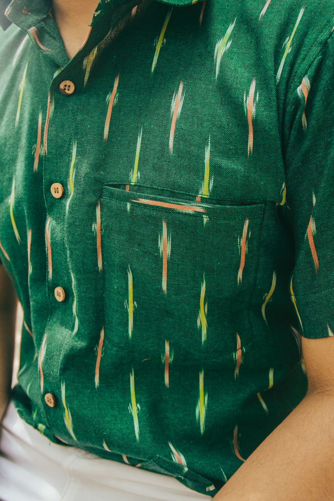 Bottle Green Weave Handwoven Ikat Slim Fit Shirt