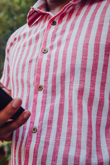 Pink and White Striped Cotton Linen Slim Fit Shirt