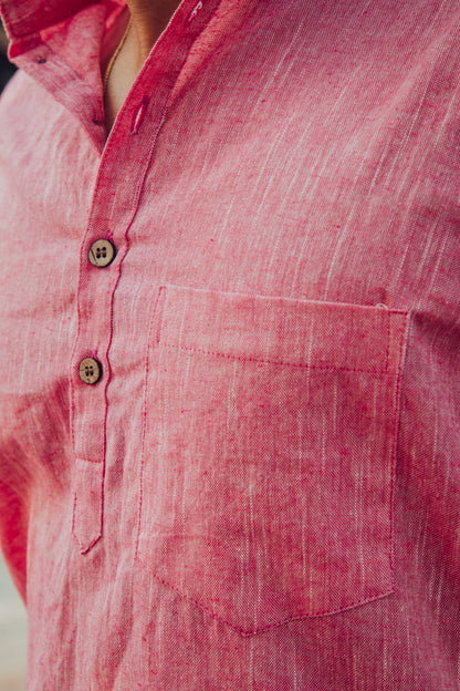 Pink Cotton Linen Textured Short Kurta