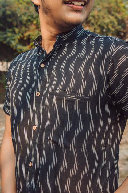 Black Spiral Weave Handwoven Ikat Slim Fit Shirt