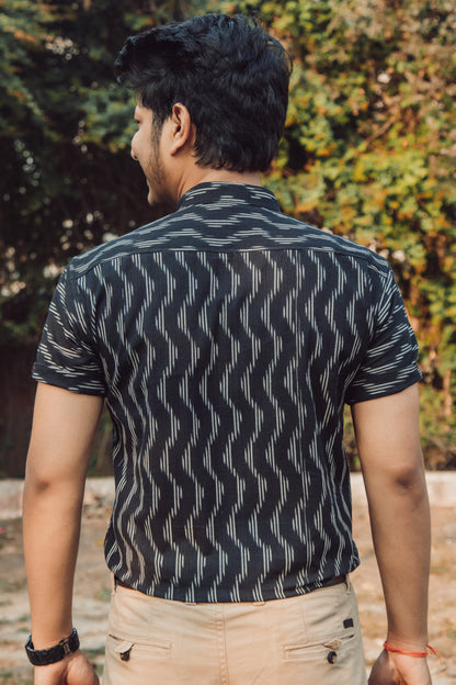 Black Spiral Weave Handwoven Ikat Slim Fit Shirt