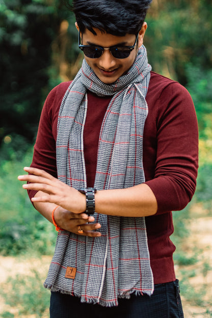 Grey with Maroon Checkered Yarn-Dyed Lambswool Unisex Woollen Scarf