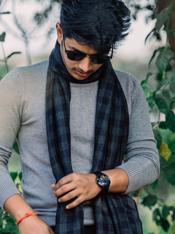 Black Checkered Yarn-Dyed Lambswool Unisex Woollen Scarf