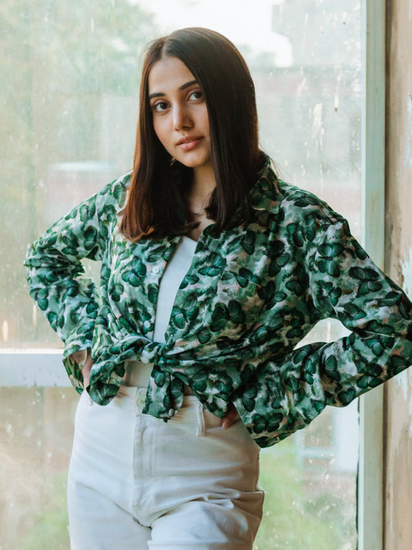 Green Butterfy Print Quirky Slim Fit Unisex Shirt
