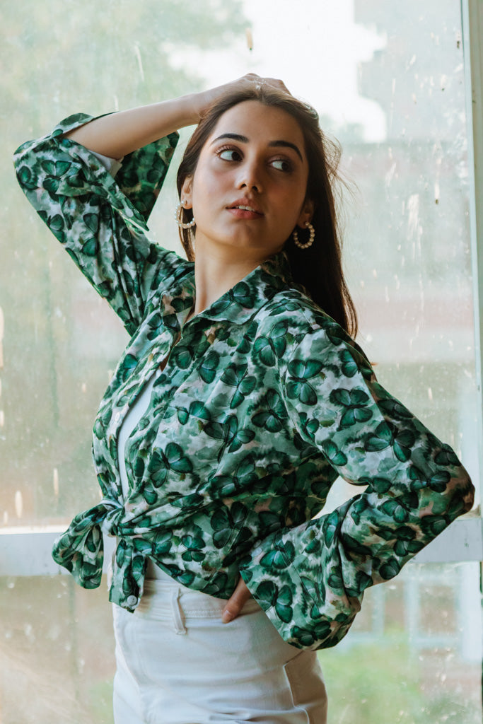 Green Butterfy Print Quirky Slim Fit Unisex Shirt