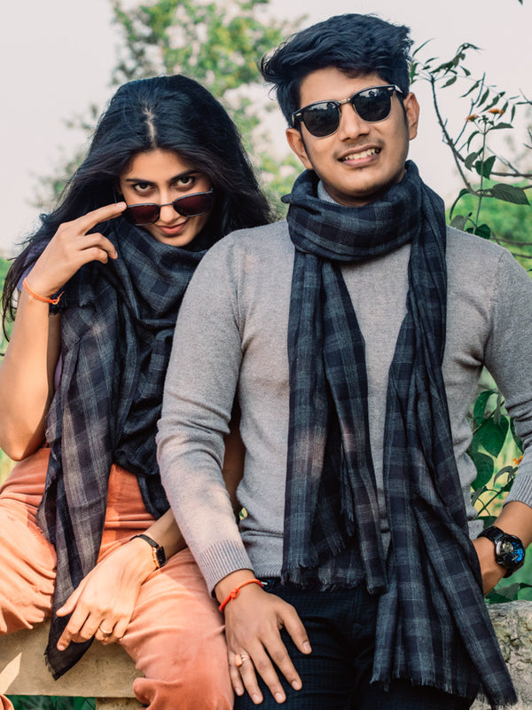 Black Checkered Yarn-Dyed Lambswool Winter Muffler For Men