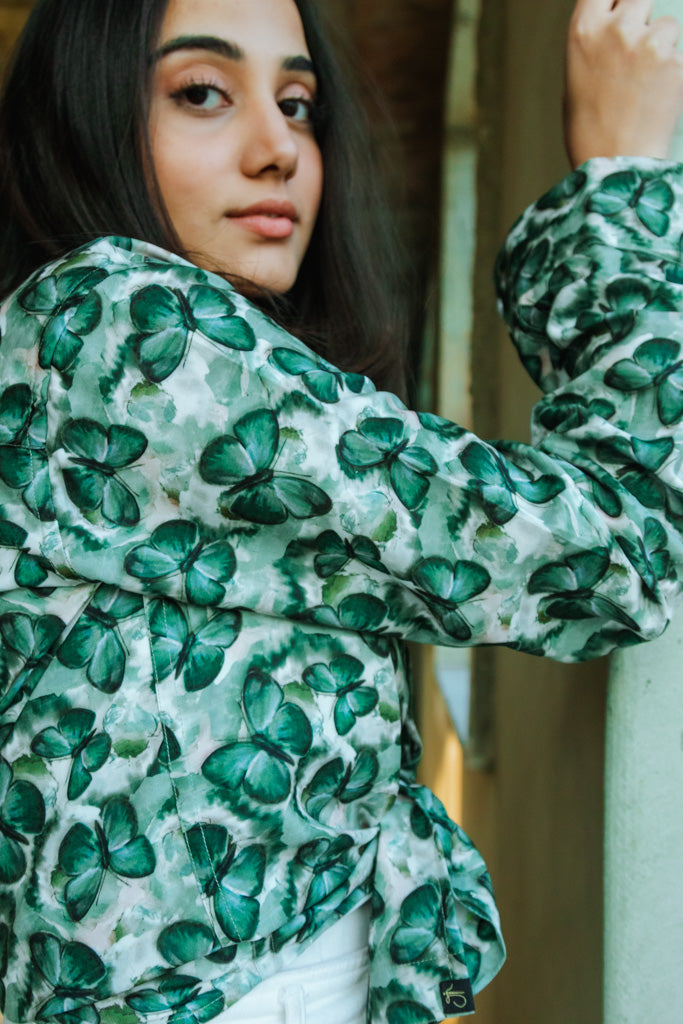 Green Butterfy Print Quirky Slim Fit Unisex Shirt