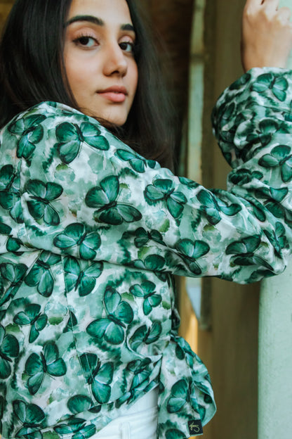 Green Butterfy Print Quirky Slim Fit Unisex Shirt