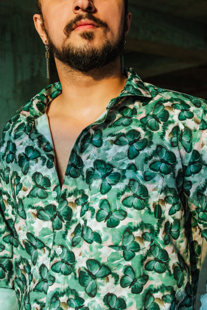 Green Butterfy Print Quirky Slim Fit Unisex Shirt