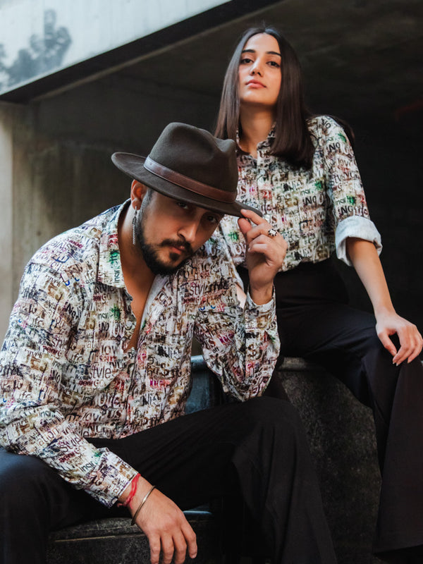 White Newspaper Print Quirky Slim Fit Unisex Shirt