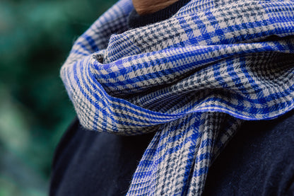 Blue with Grey Checkered Yarn-Dyed Lambswool Unisex Woollen Scarf