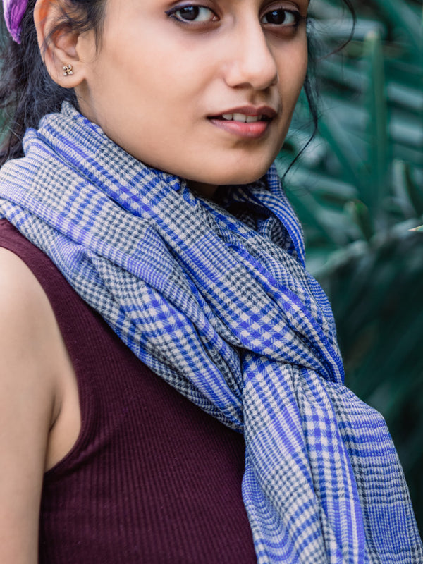 Blue with Grey Checkered Yarn-Dyed Lambswool Unisex Woollen Scarf