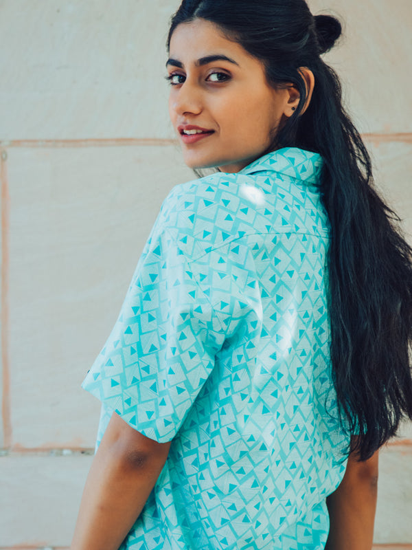 Sea Green Abstract Printed Premium Rayon Slim Fit Unisex Shirt