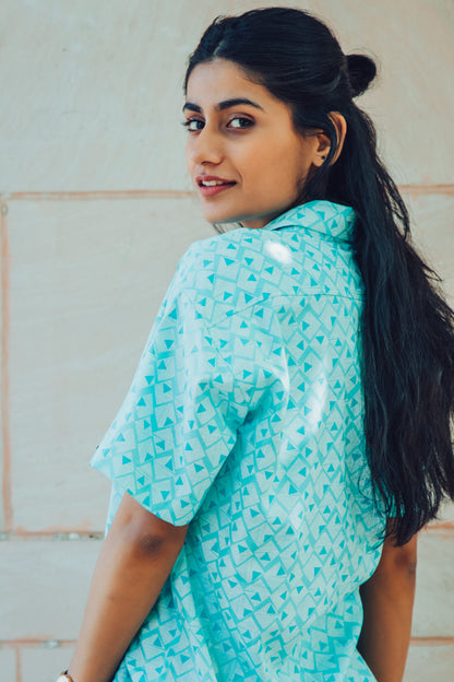 Sea Green Abstract Printed Premium Rayon Slim Fit Unisex Shirt