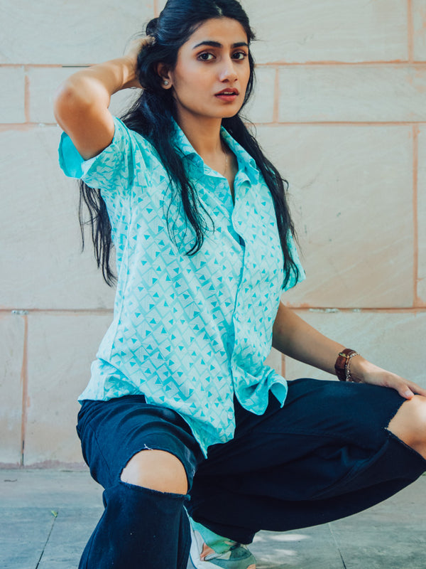 Sea Green Abstract Printed Premium Rayon Slim Fit Unisex Shirt