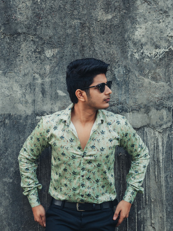 Green Leaves Digital Printed Party Wear Slim Fit Giza Cotton Shirt