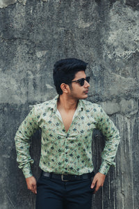 Green Leaves Digital Printed Party Wear Slim Fit Giza Cotton Shirt