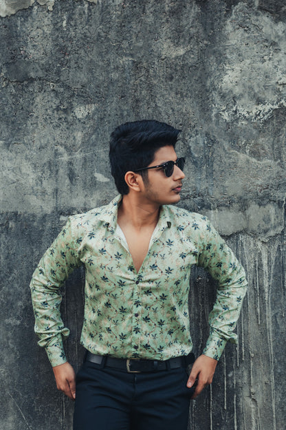 Green Leaves Digital Printed Party Wear Slim Fit Giza Cotton Shirt