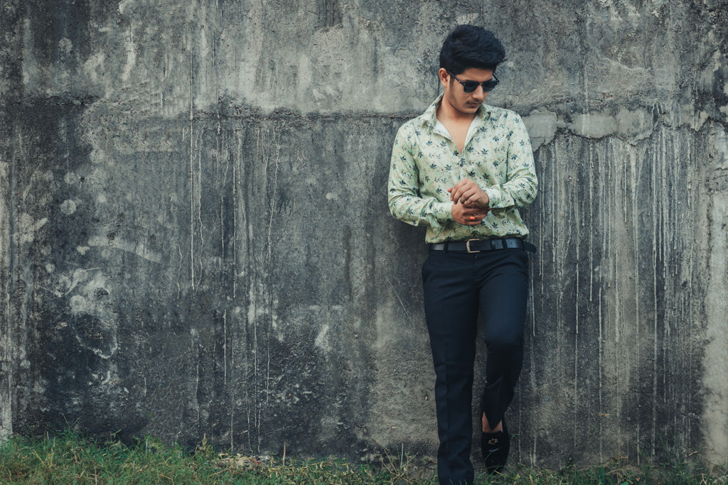 Green Leaves Digital Printed Party Wear Slim Fit Giza Cotton Shirt