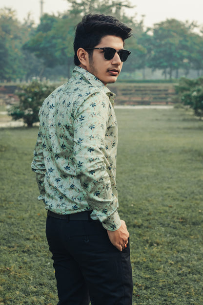 Green Leaves Digital Printed Party Wear Slim Fit Giza Cotton Shirt