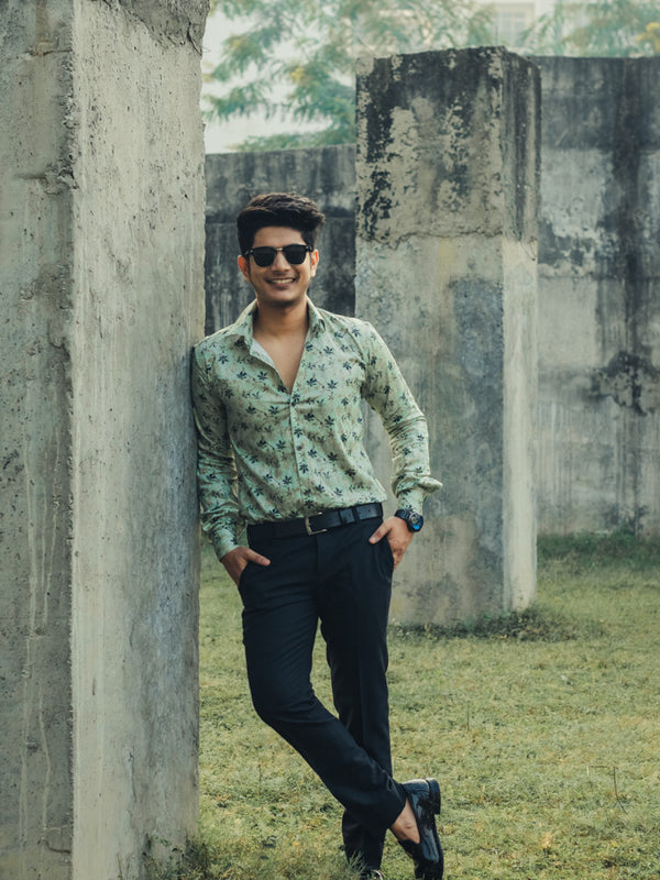 Green Leaves Digital Printed Party Wear Slim Fit Giza Cotton Shirt