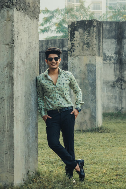 Green Leaves Digital Printed Party Wear Slim Fit Giza Cotton Shirt