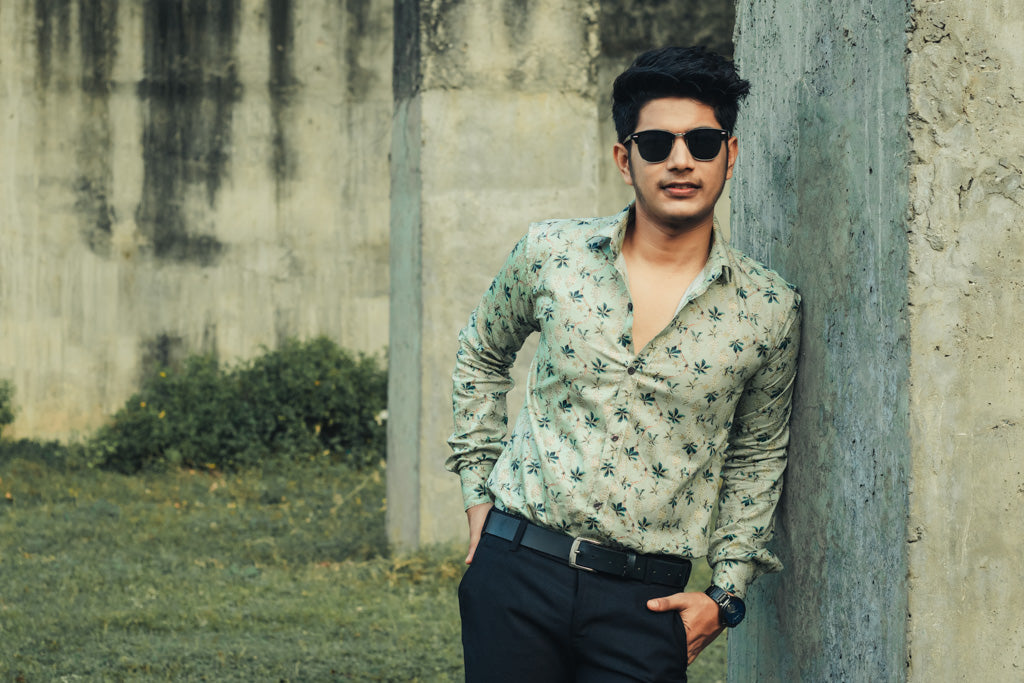 Green Leaves Digital Printed Party Wear Slim Fit Giza Cotton Shirt