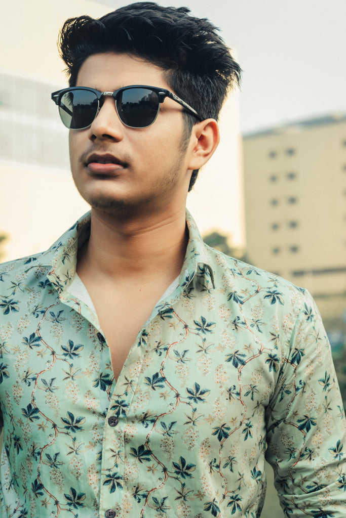 Green Leaves Digital Printed Party Wear Slim Fit Giza Cotton Shirt