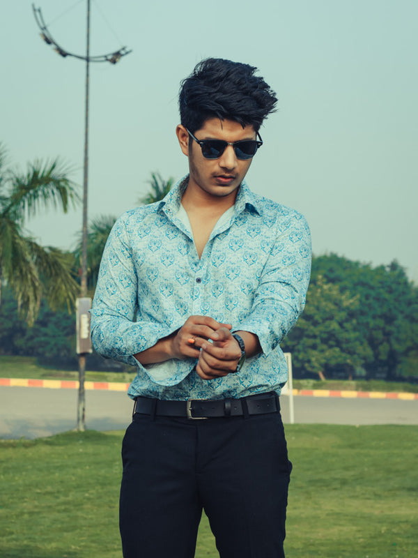 Blue Royal Motifs Digital Printed Party Wear Slim Fit Giza Cotton Shirt
