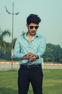 Blue Royal Motifs Digital Printed Party Wear Slim Fit Giza Cotton Shirt